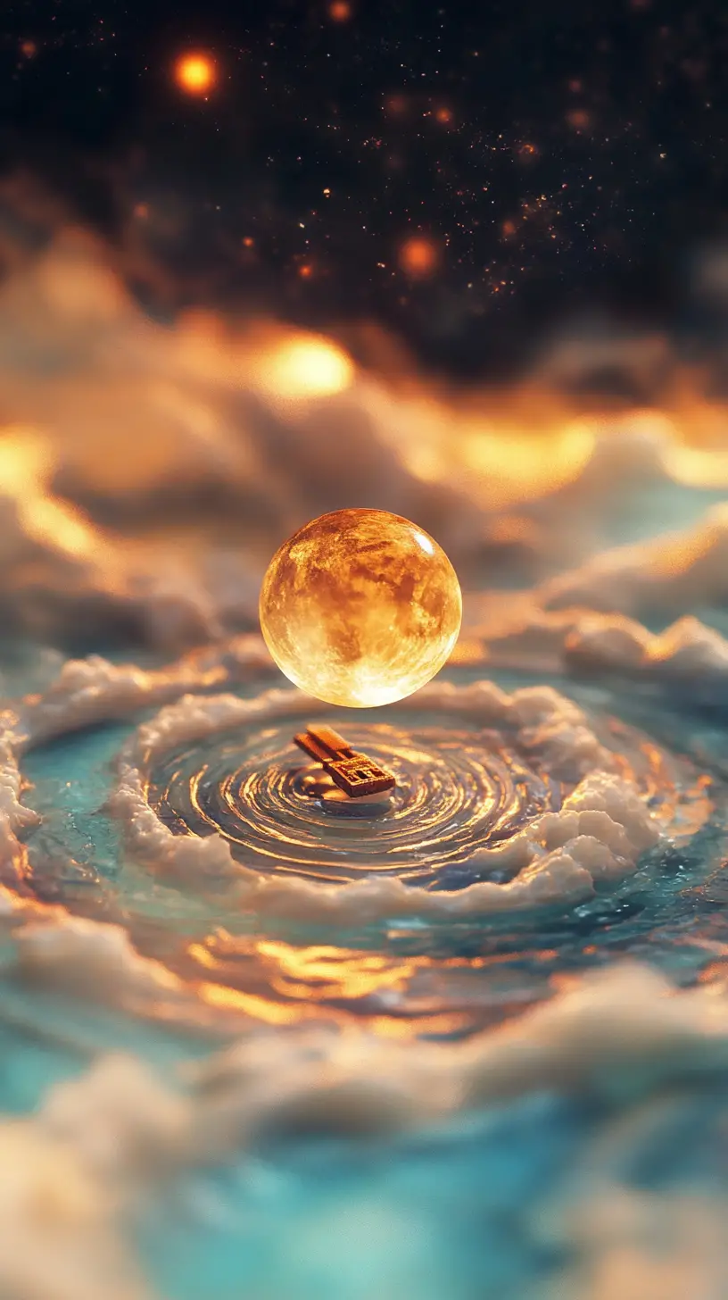 Surreal surfer riding a mystical moonlit wave