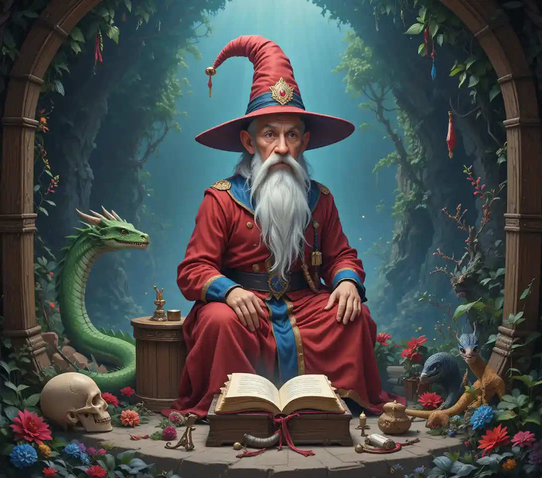Elderly wizard at lectern with dragon and dark symbols