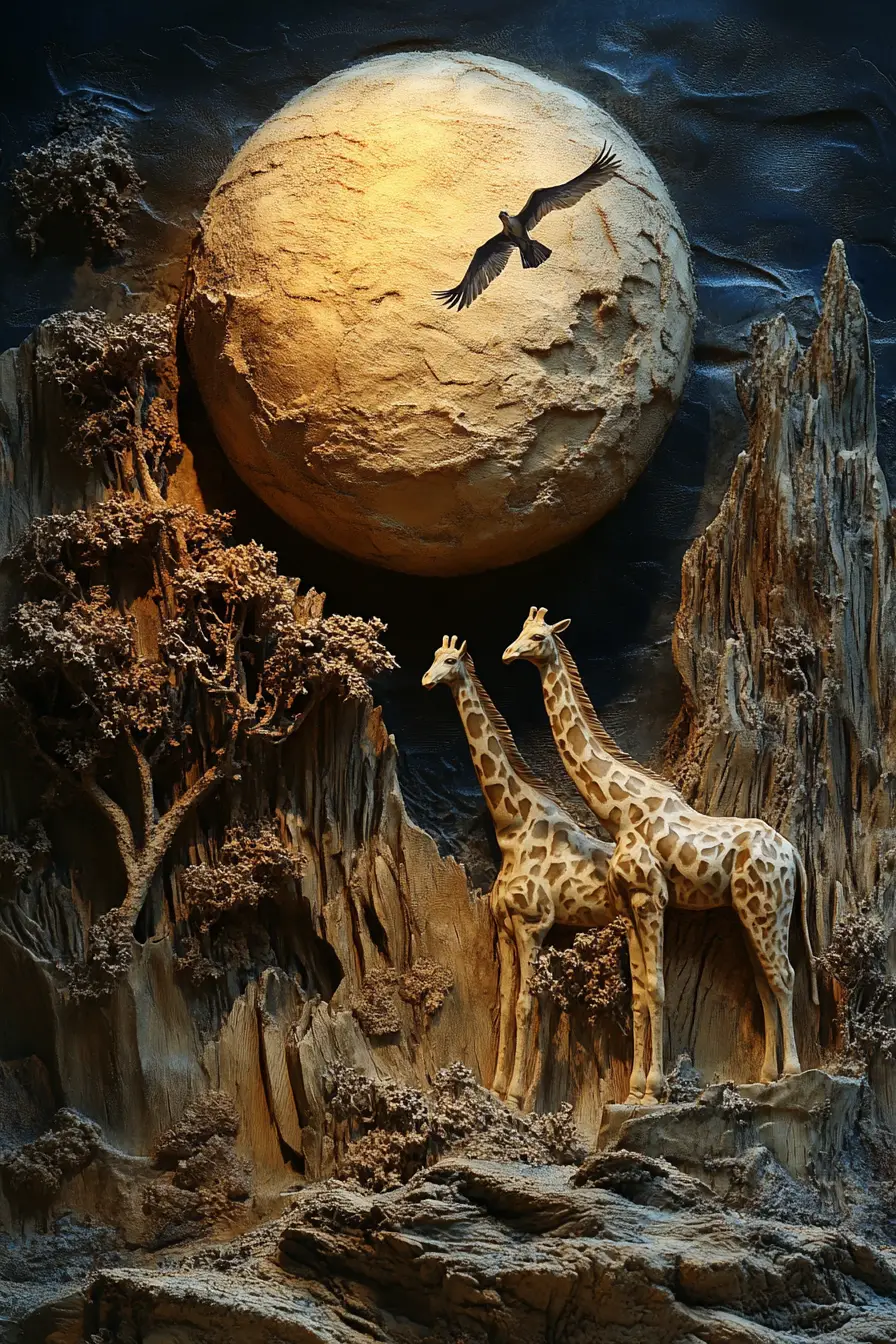 Peaceful giraffes under a full moon in rocky night scene