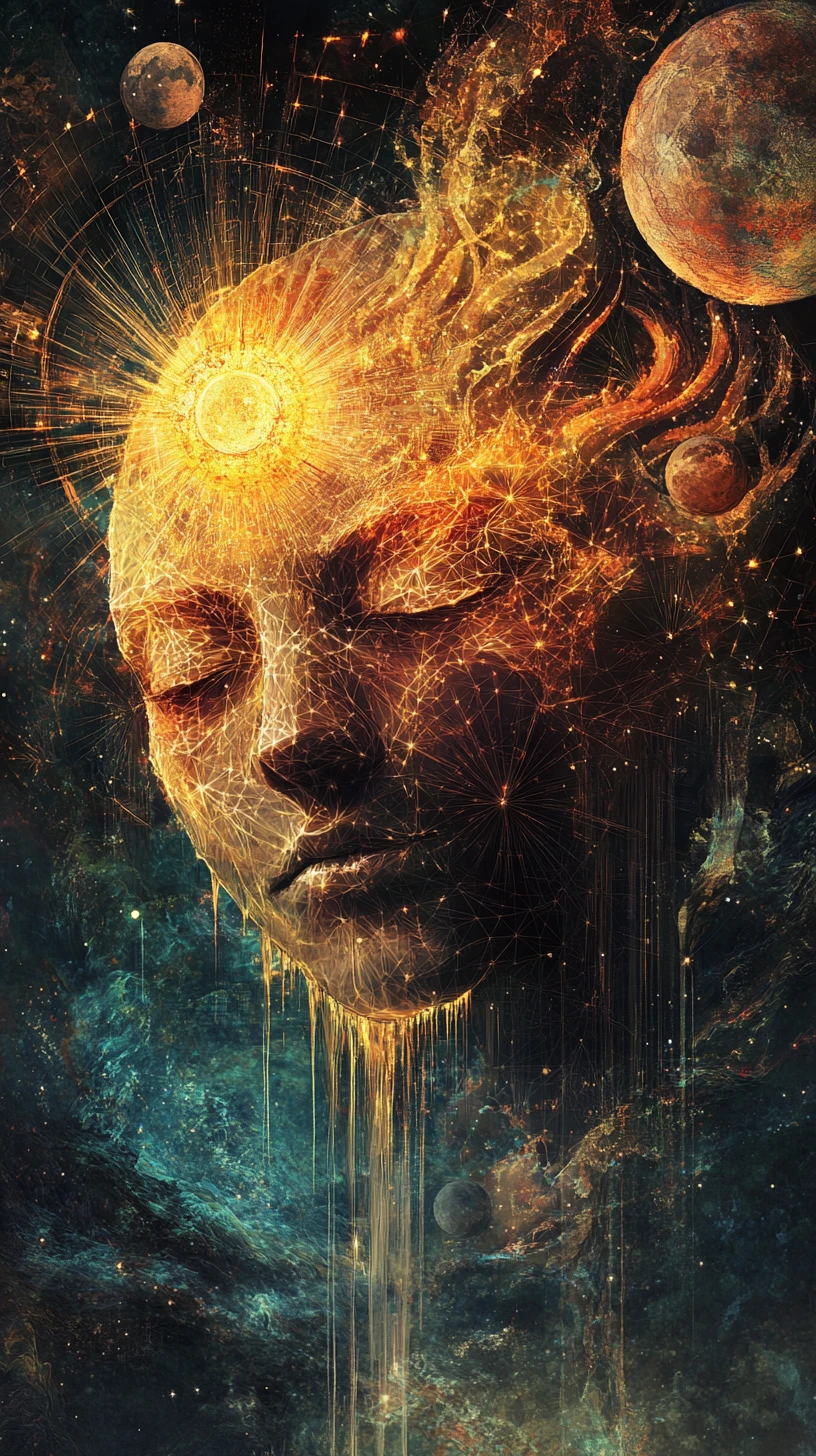 Surreal celestial entity of merging sun and moon