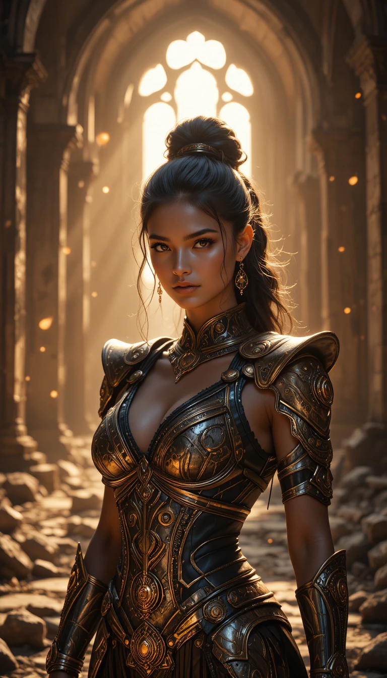 Latina fantasy warrior in golden armor in ruined hall