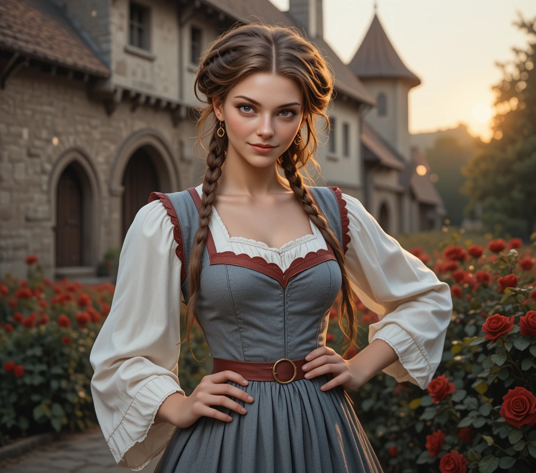 Young woman in medieval town at warm golden hour