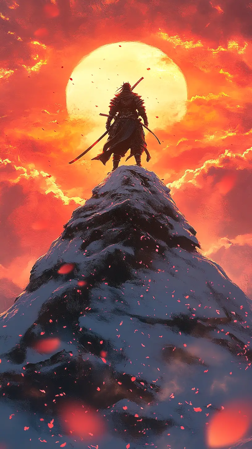 Samurai on snowy mountain at sunset with cherry blossoms
