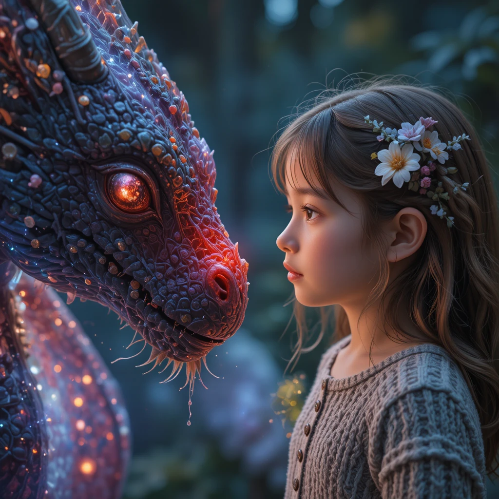 光る赤い鼻の魔法のドラゴンを見つめる少女