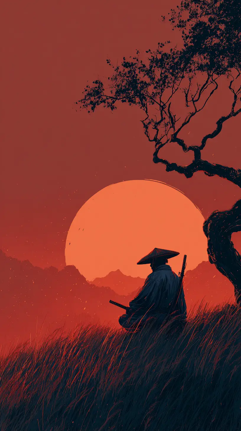 Lone samurai in silhouette beneath a vast red sunset