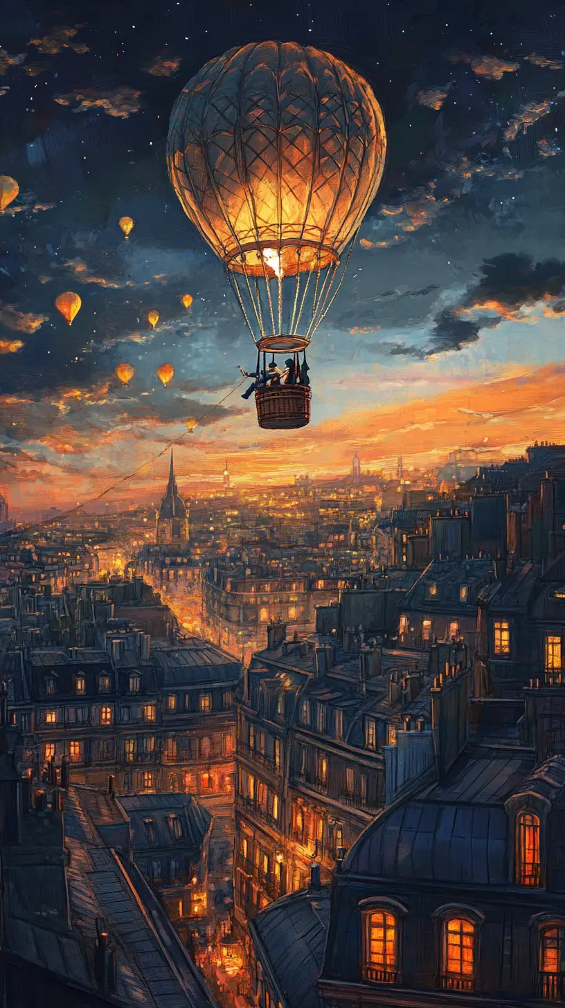 Man Climbing To Hot Air Balloon Above Evening City