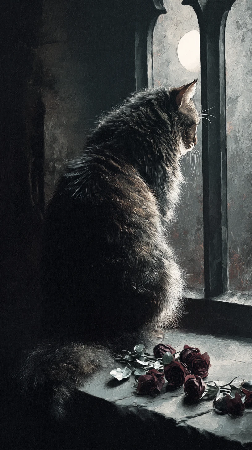 Chat Hirsute sur Rebord de Fenêtre Gothique surplombant un Désert au Clair de Lune