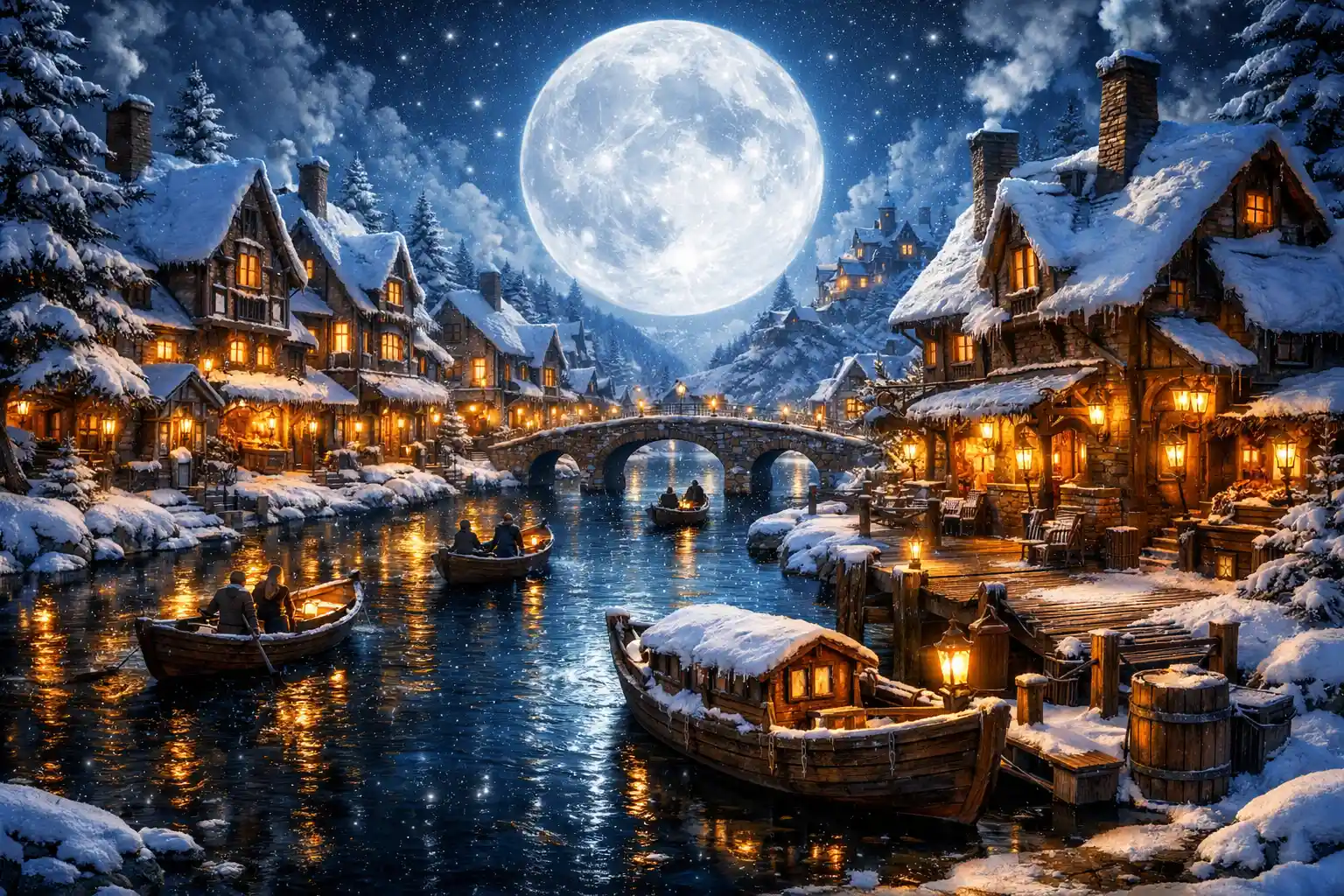 Village médiéval au bord de la rivière enneigé sous une pleine lune éclatante