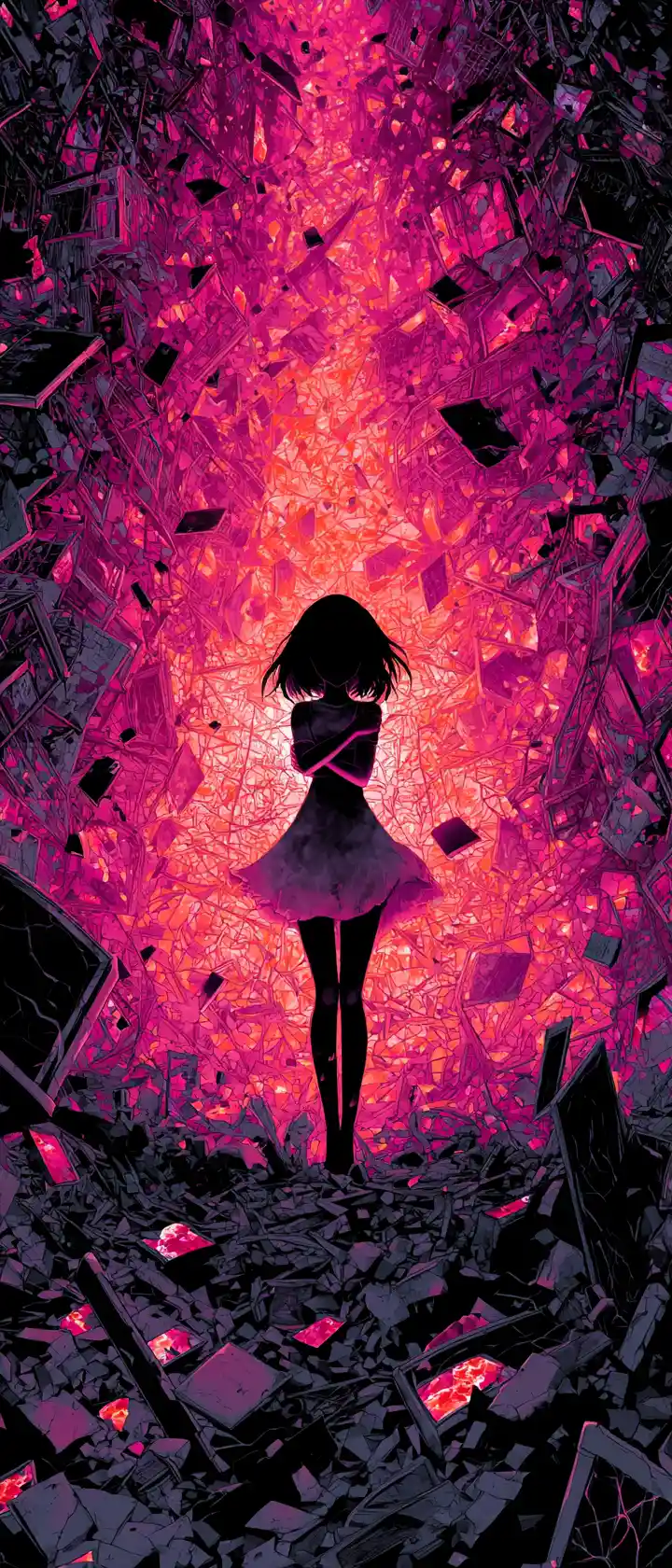 Ragazza anime che protegge un feto di vetro luminoso tra le rovine