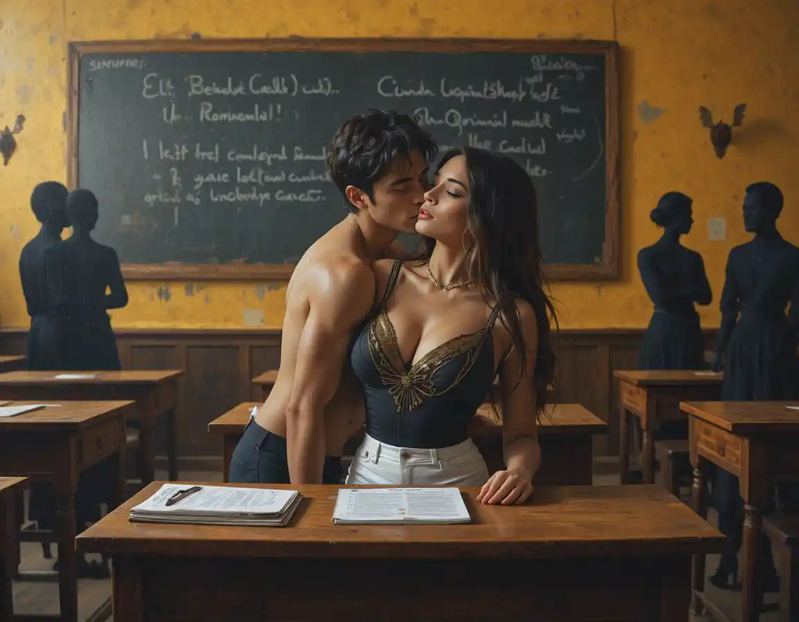 Romantic classroom embrace with veiled woman and lover