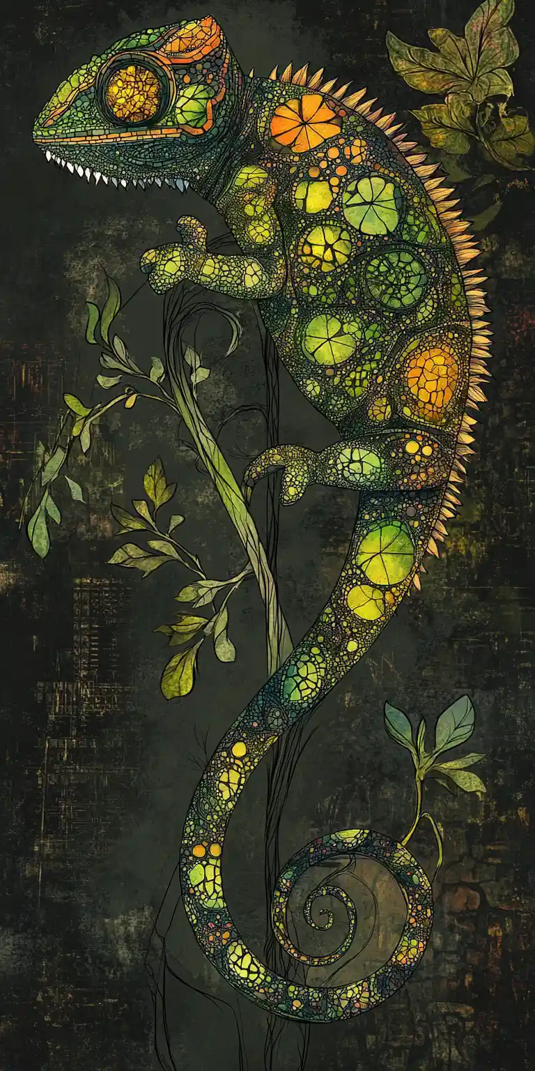 Mystical chameleon with gothic mosaic patterns and glow
