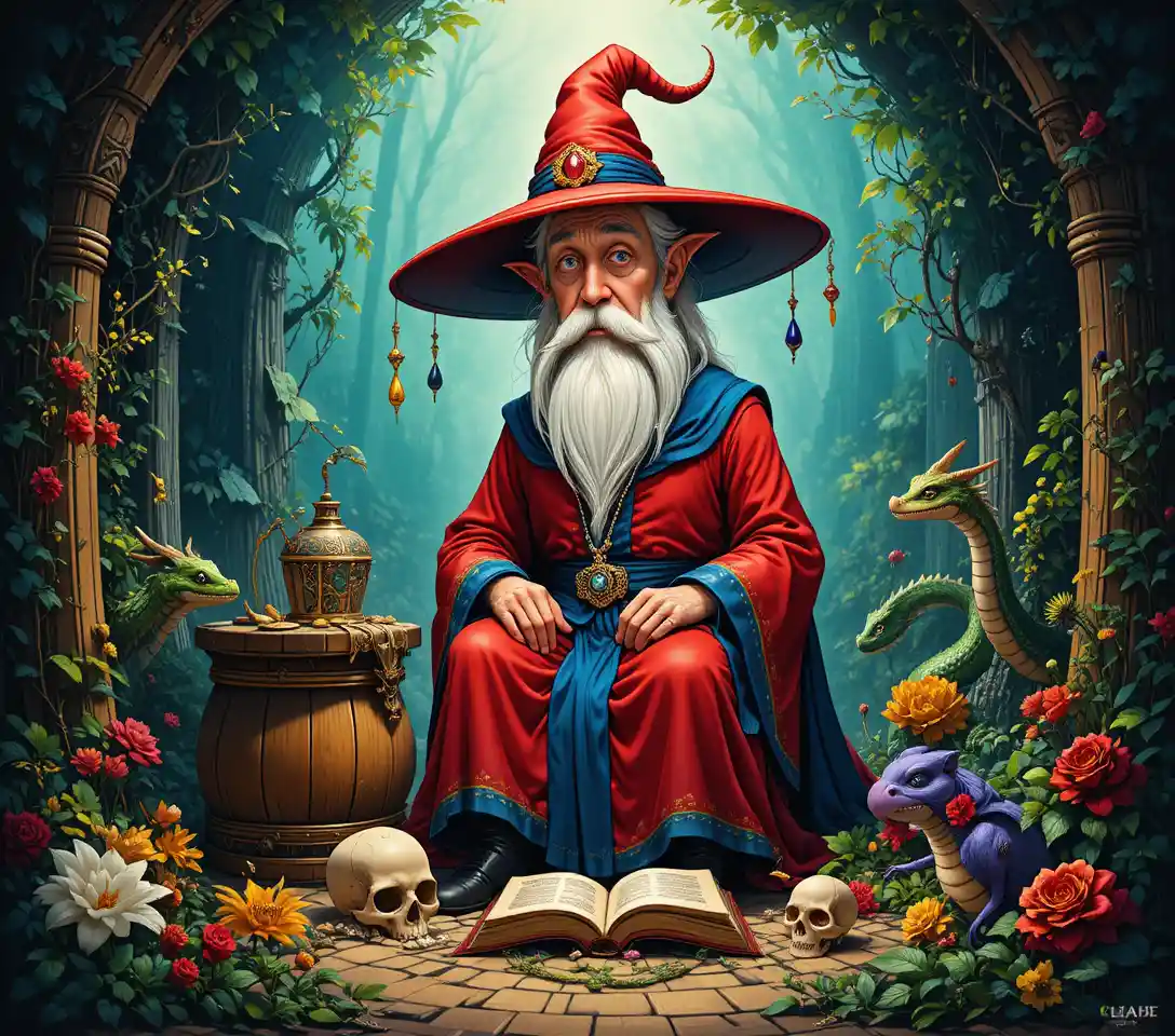 Old wizard at lectern with skull and dragon guardians