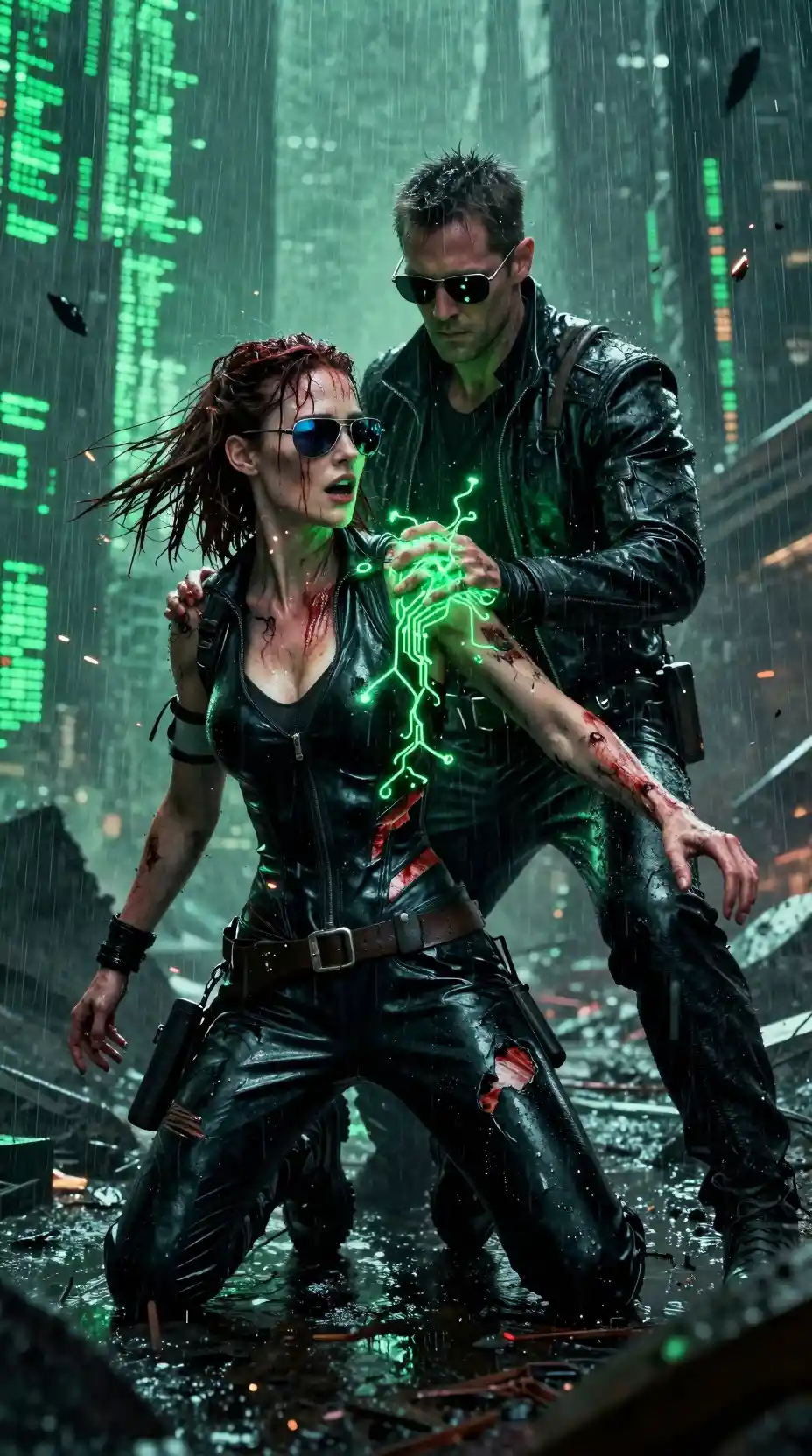 Wounded woman resists enemy in glitching digital battlefield