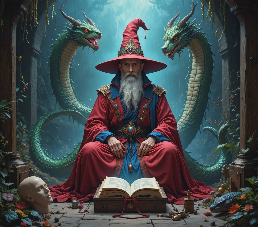 Elderly wizard at lectern surrounded by skull and dragon