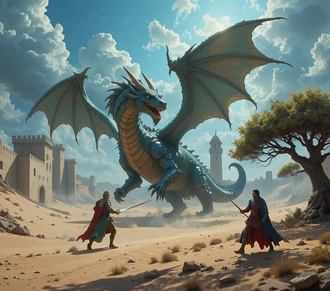Golden dragon chasing a knight above a stormy fortress