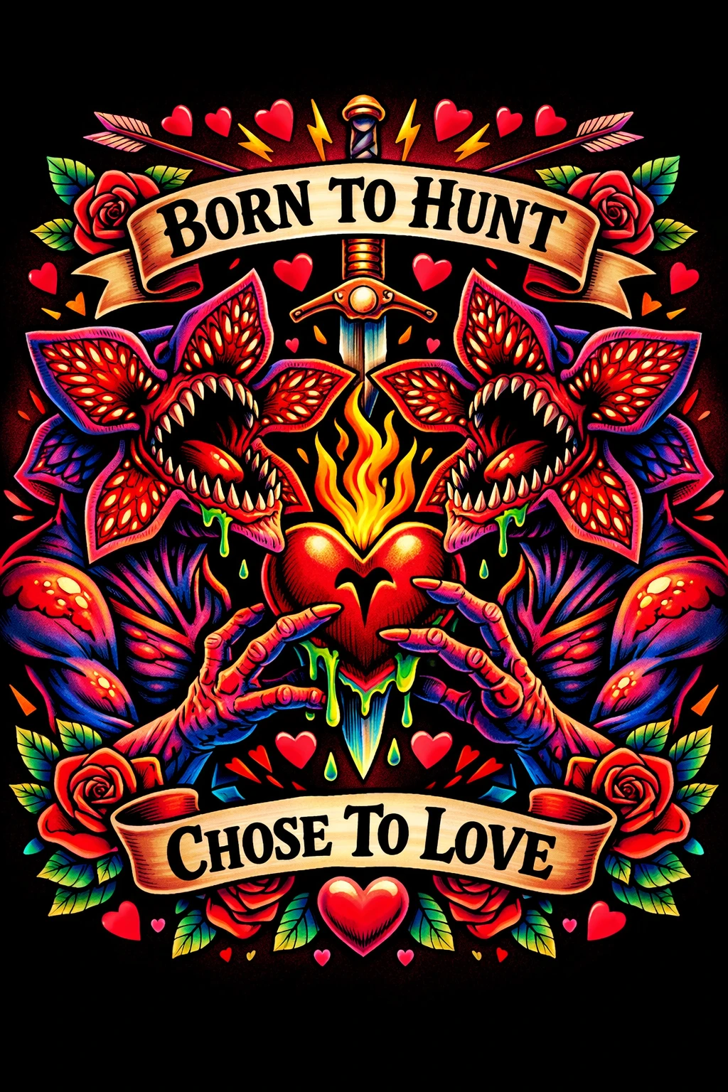 Diseño de San Valentín con demogorgon en estilo tatuaje audaz y eslogan