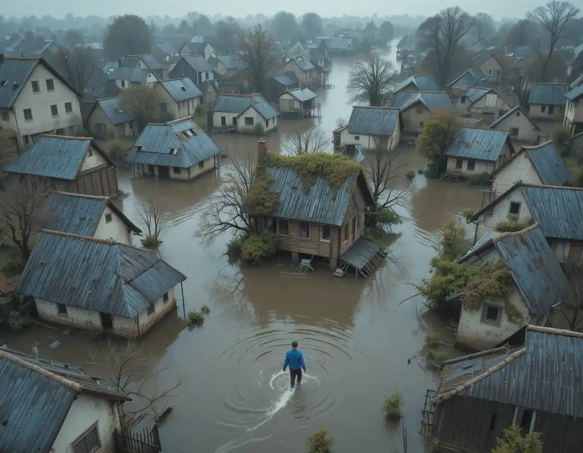 Aerial view of a flooded village with submerged houses