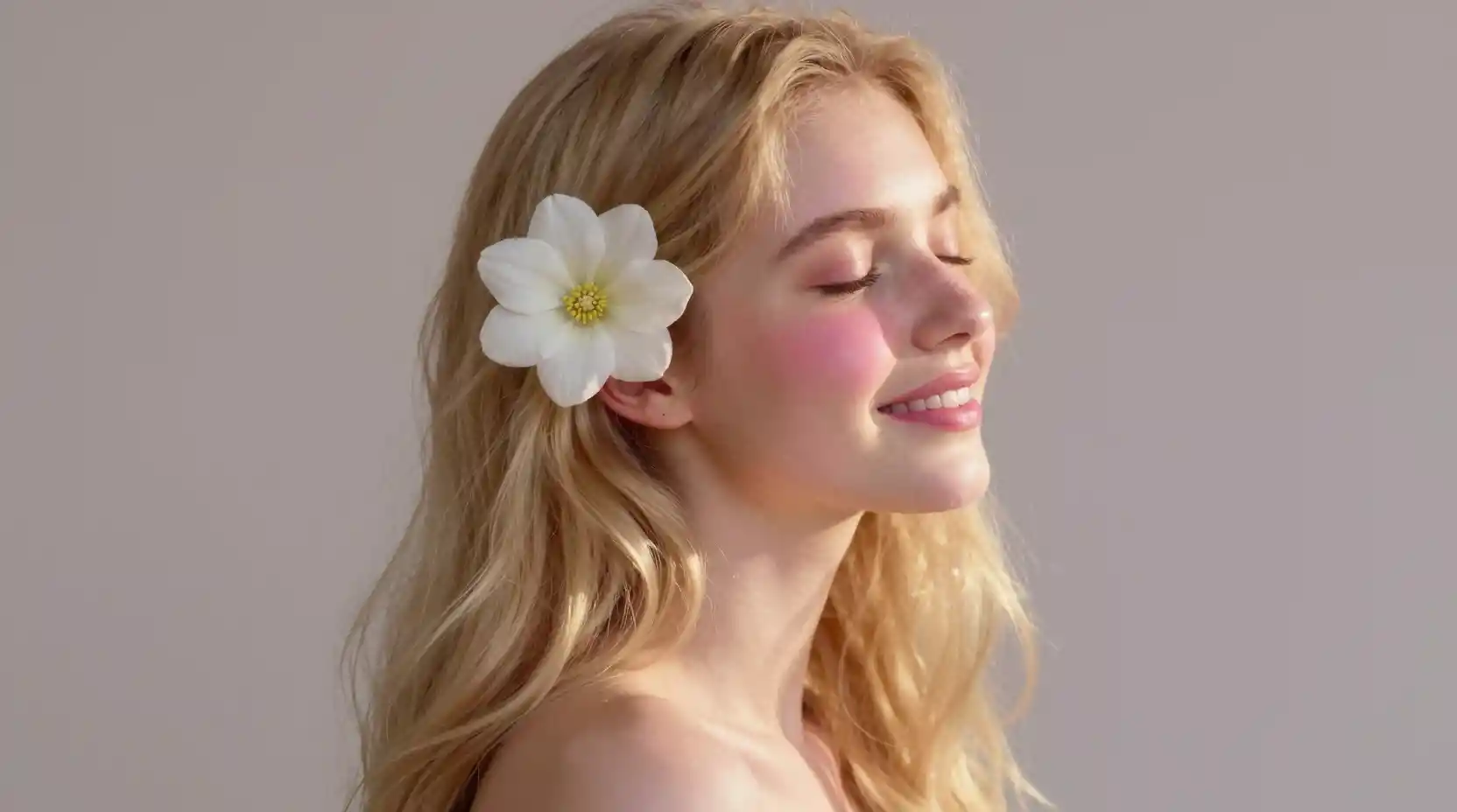 Lächelndes blondes Mädchen mit weißer Blume im Haar