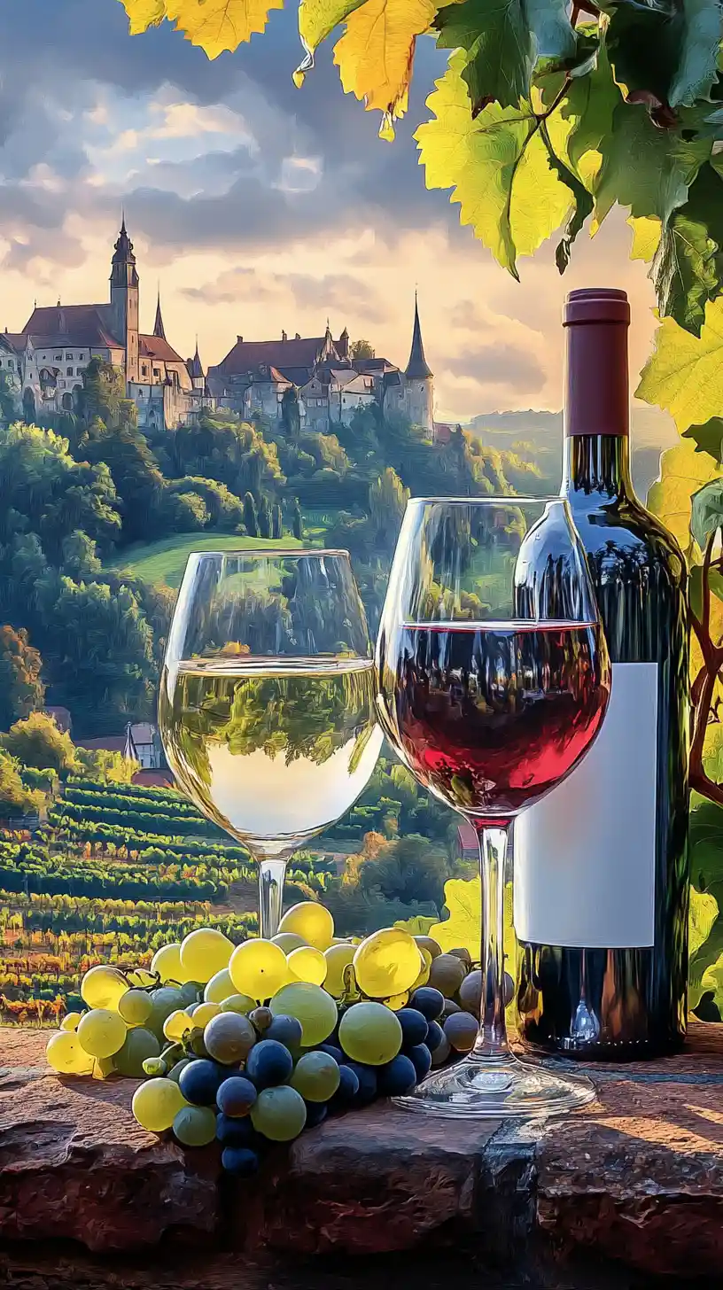 Smiling wine bottles in a sparkling diamond painting vineyard