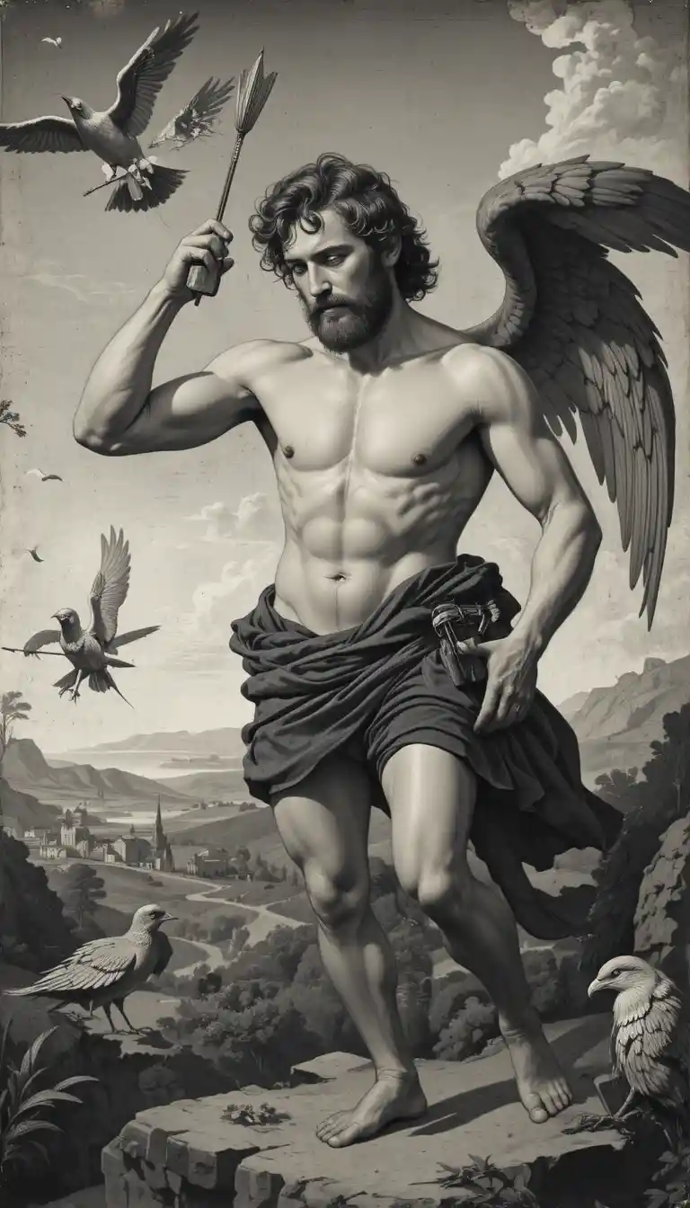 Renaissance warrior aiming at metallic birds in rugged hills