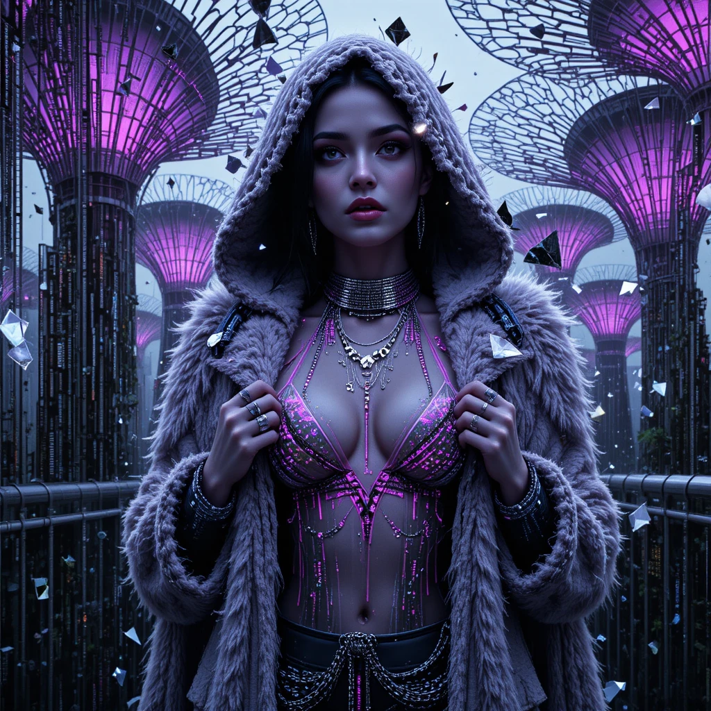 Cyberpunk woman dissolving in glitch beside code drenched city