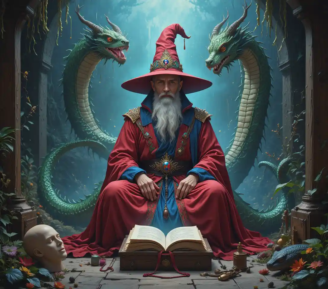 Elderly wizard at lectern surrounded by skull and dragon