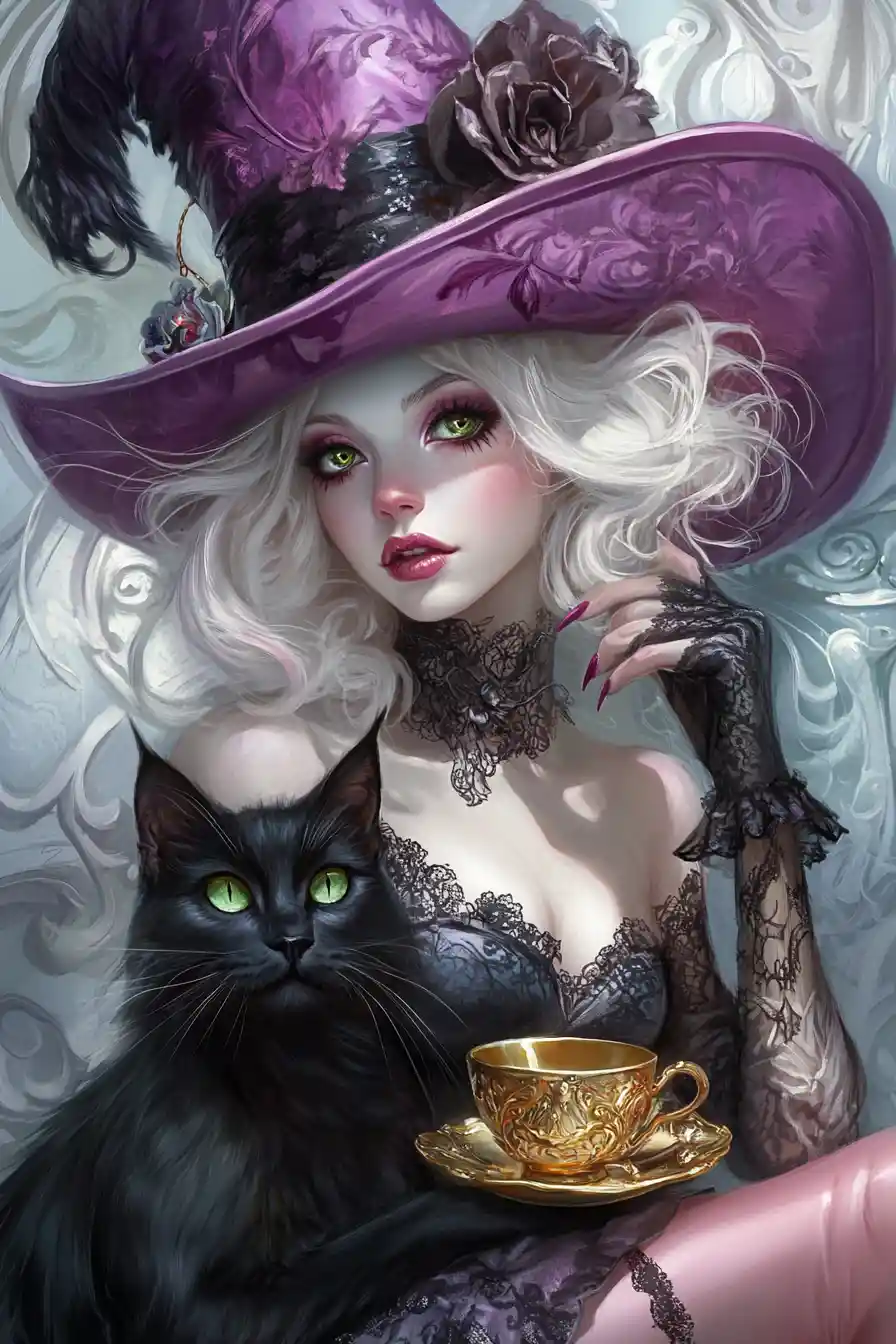 Whimsical woman in purple hat with golden teacup