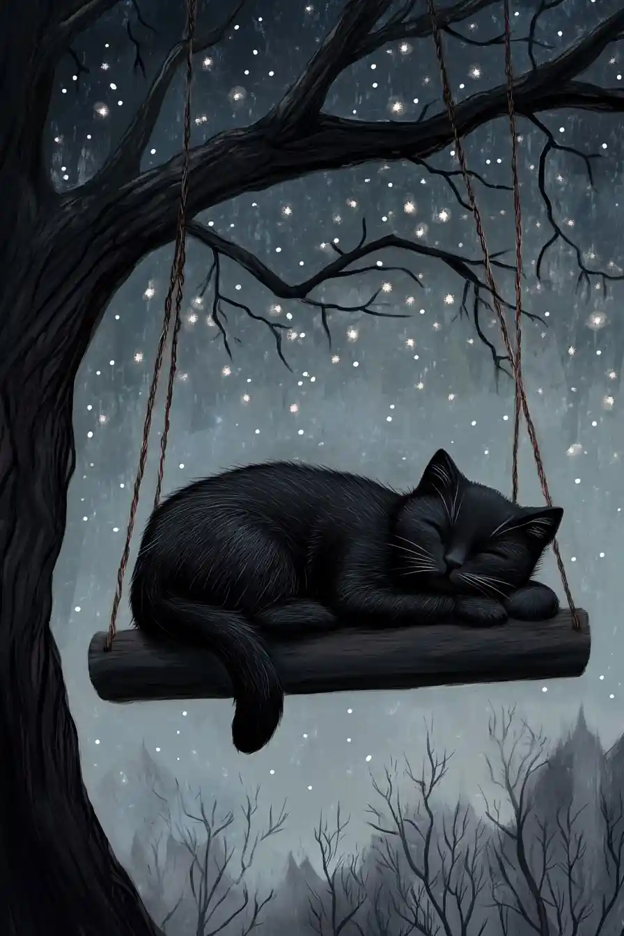 Black cat resting on a swing under a starry night sky