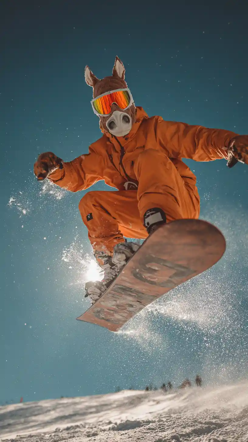 Man snowboarding with horse mask on sunny mountain day