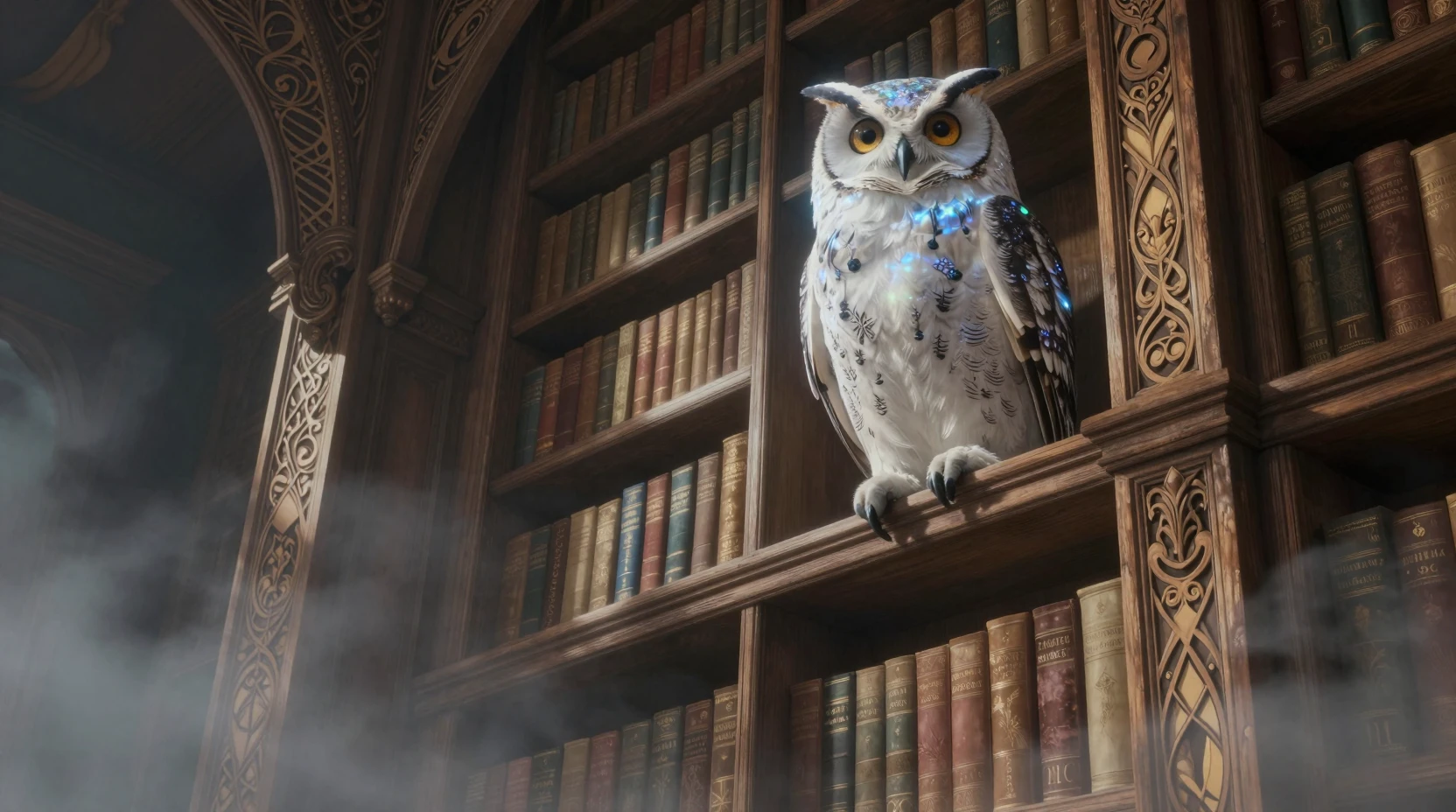 Búho místico en una antigua biblioteca de libros brillantes