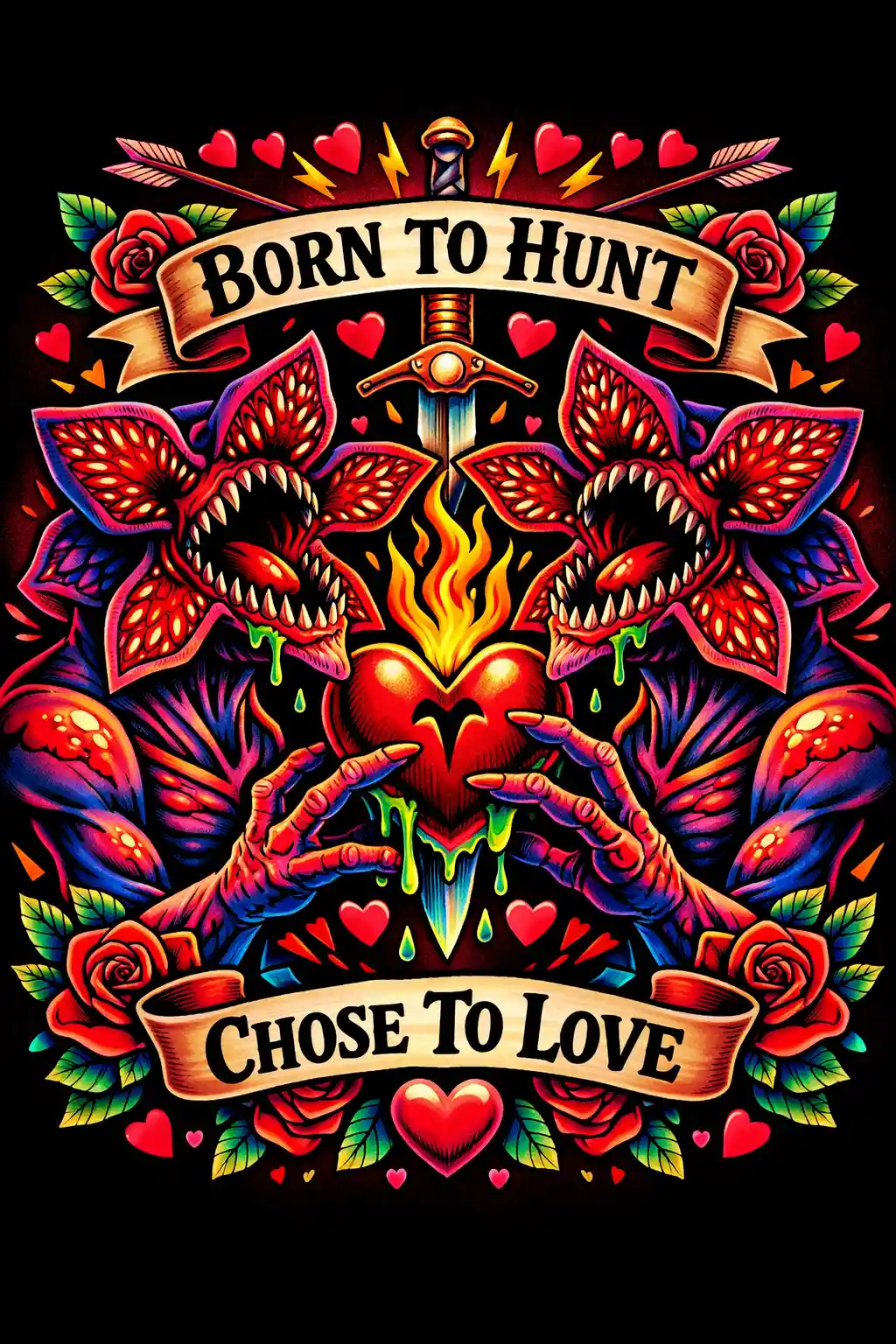 Diseño de San Valentín con demogorgon en estilo tatuaje audaz y eslogan