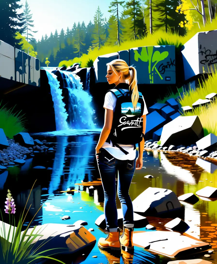 Blonde girl sketching by a quiet forest creek