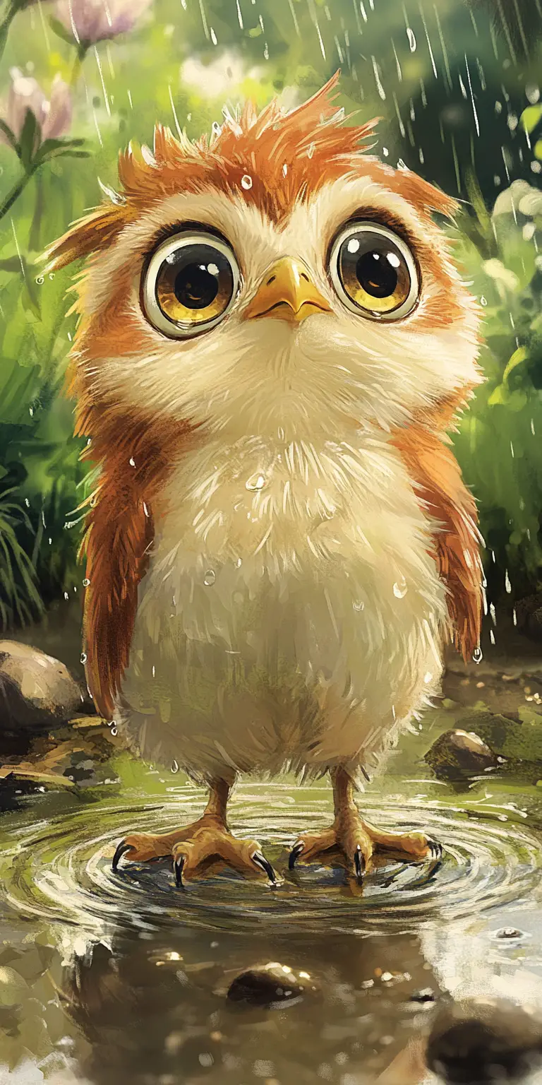 Cute baby owl standing in a rainy water puddle