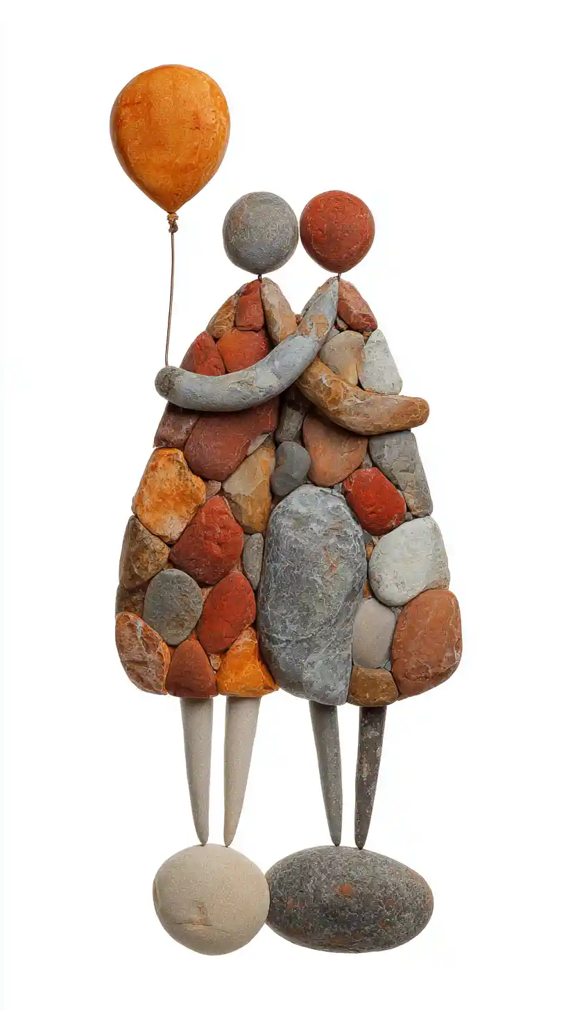Stone women embracing with balloon on white background