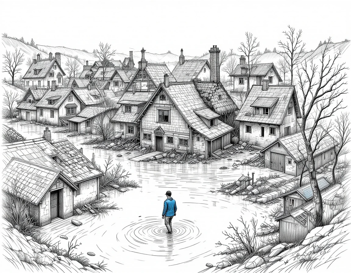 Aerial view of a flooded village with submerged houses