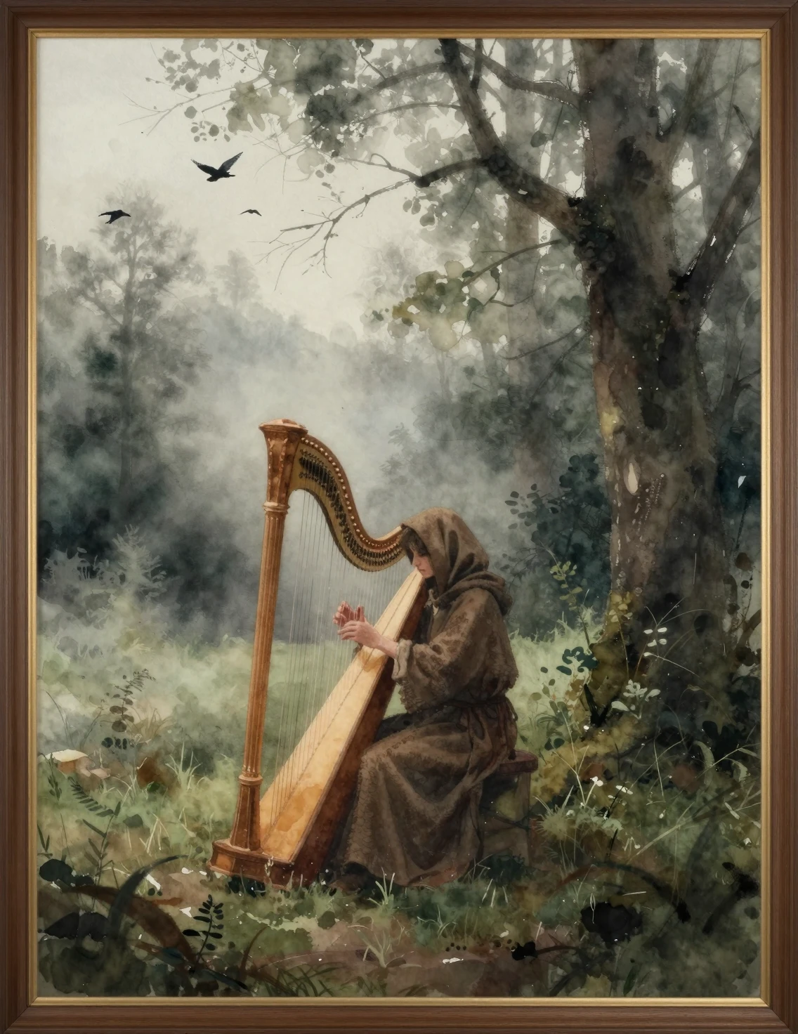 Figura solitaria con túnica tocando el arpa en un bosque brumoso