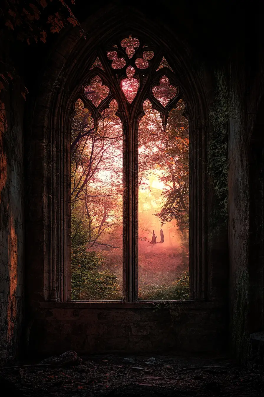 Girl waking in an abandoned hall at sunrise