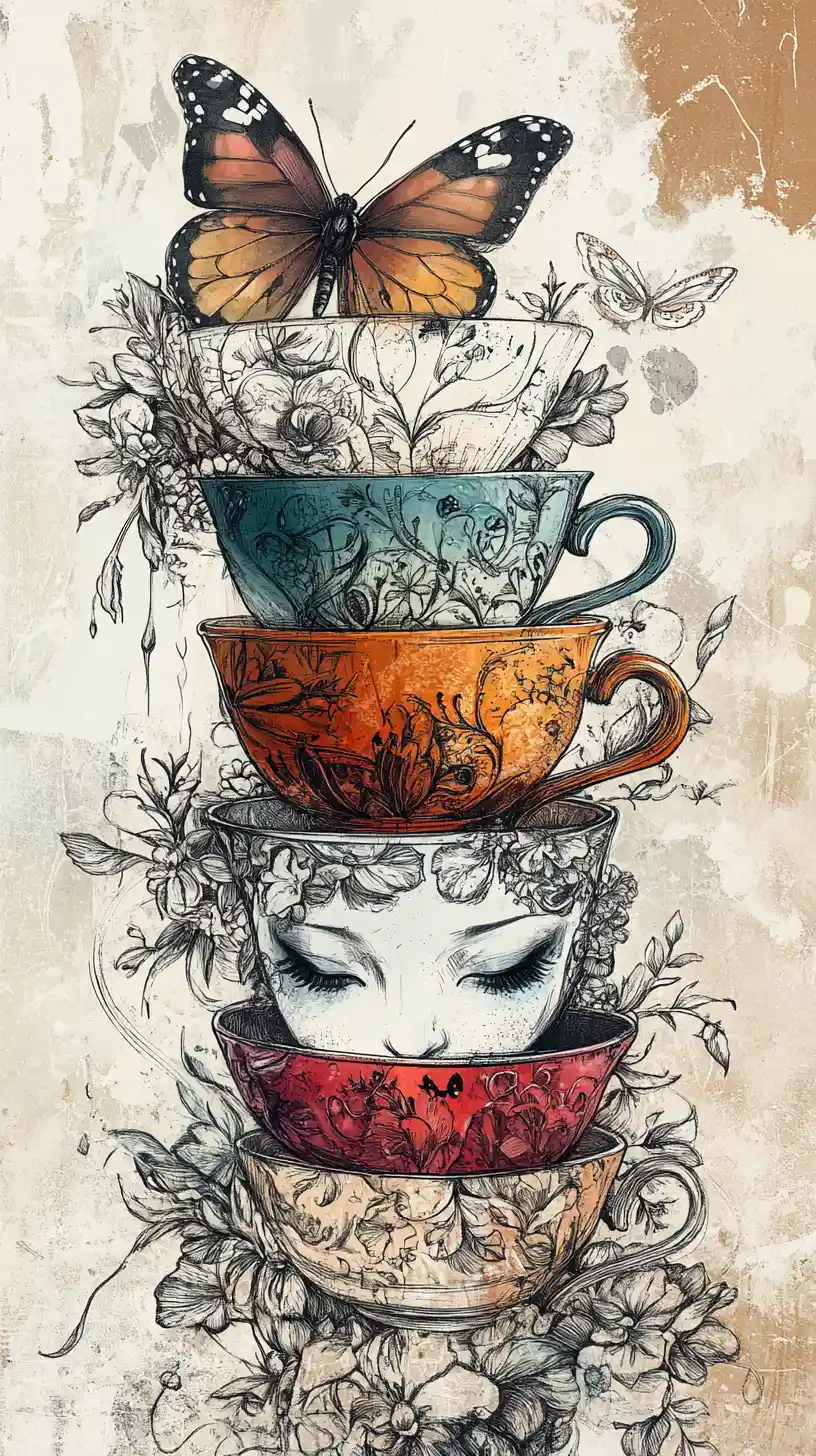 Stacked teacups with floral engravings and playful faces