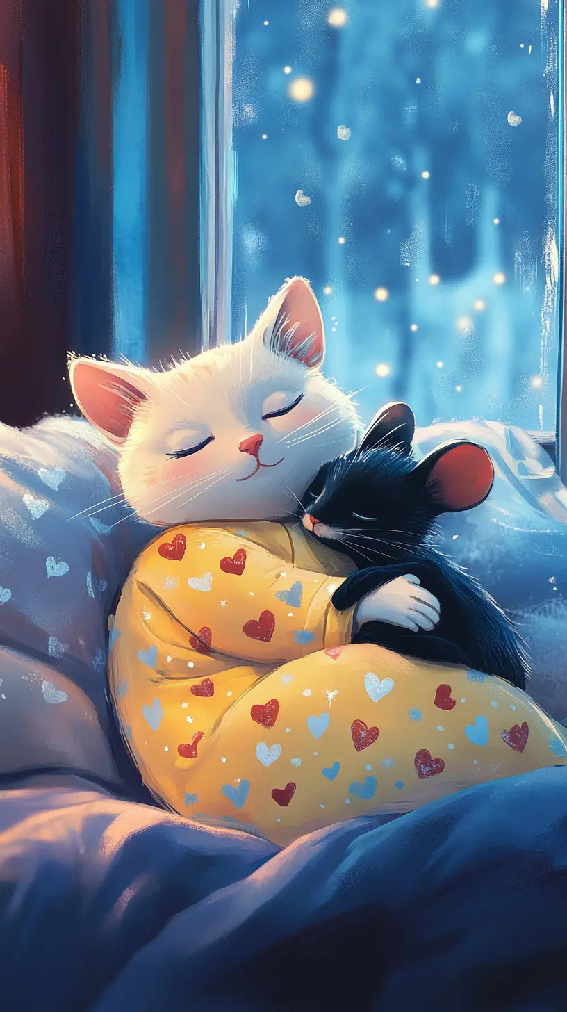 White cat and mouse resting by a snowy window