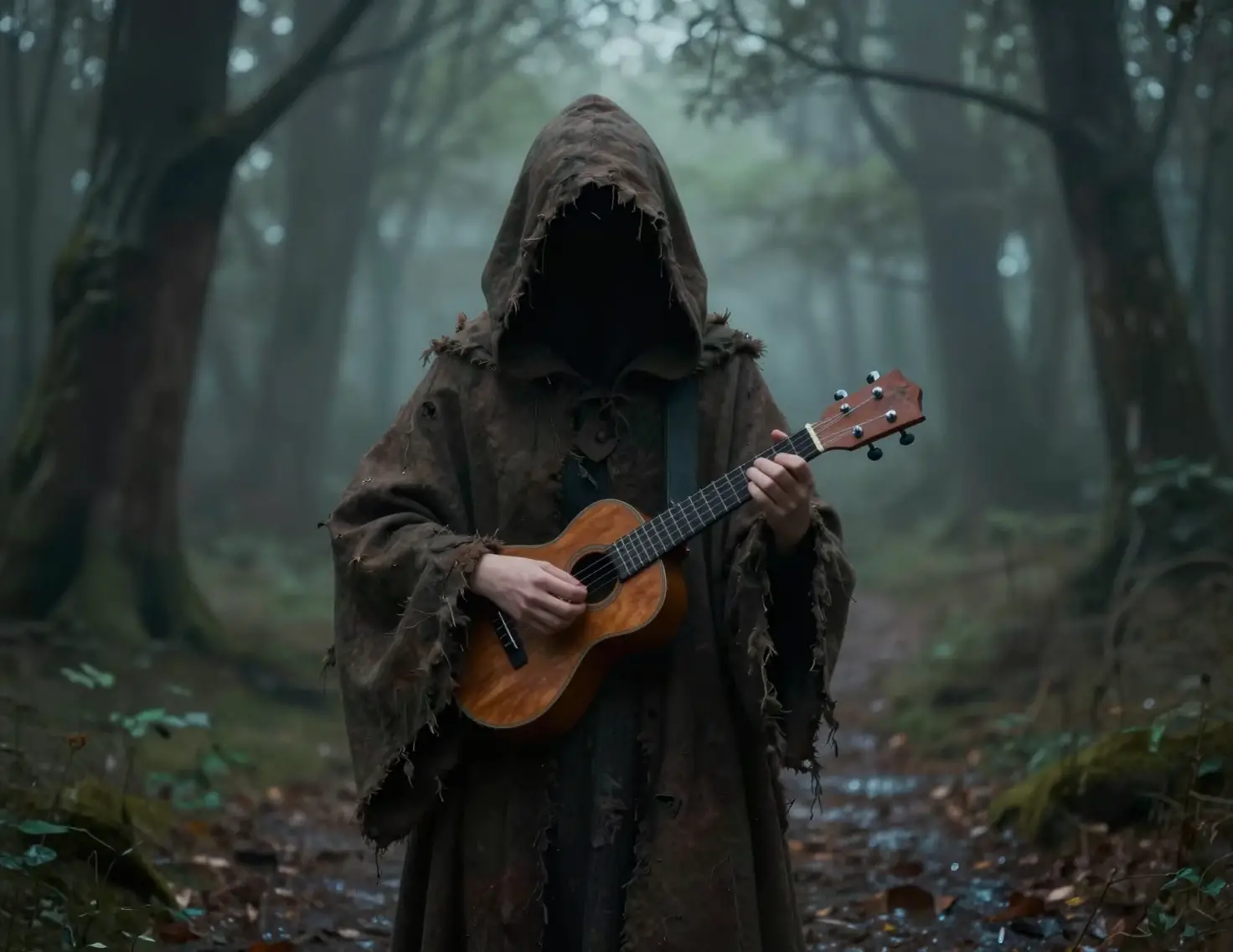 Hooded figure playing ukulele in misty dark forest