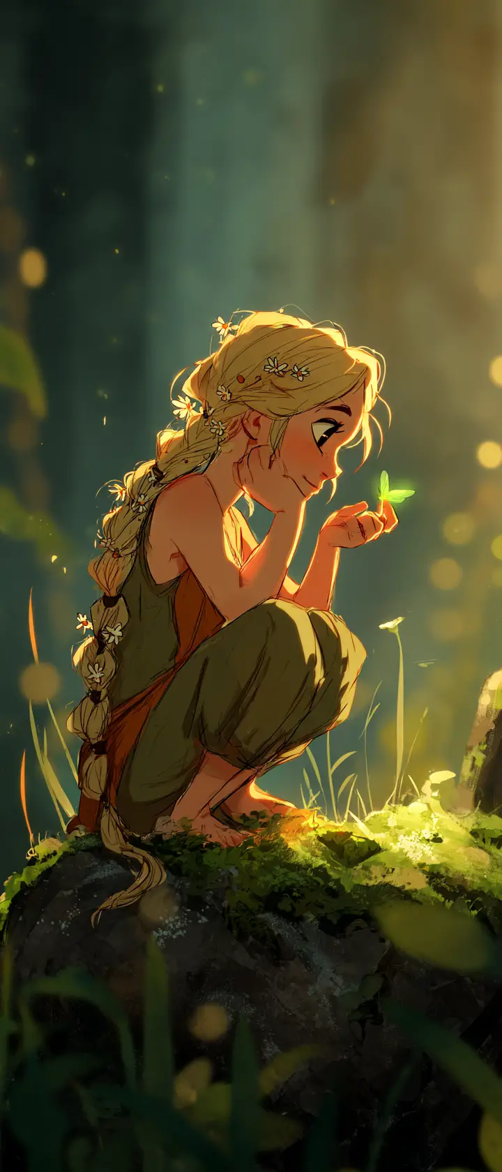 Girl With Braided Hair Watching A Glowing Firefly At Dawn