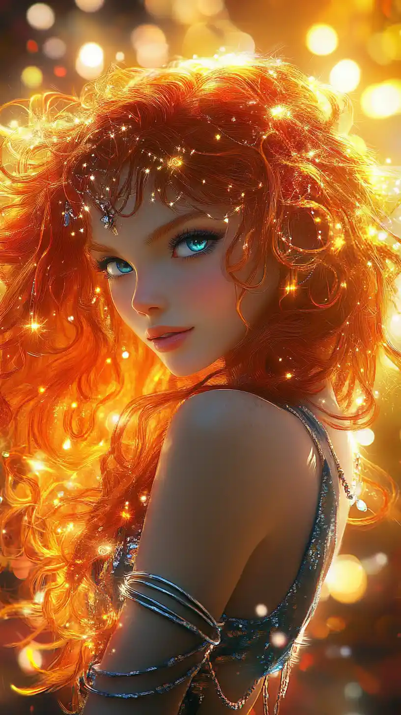 Dark fairy portrait with shimmering orange curls