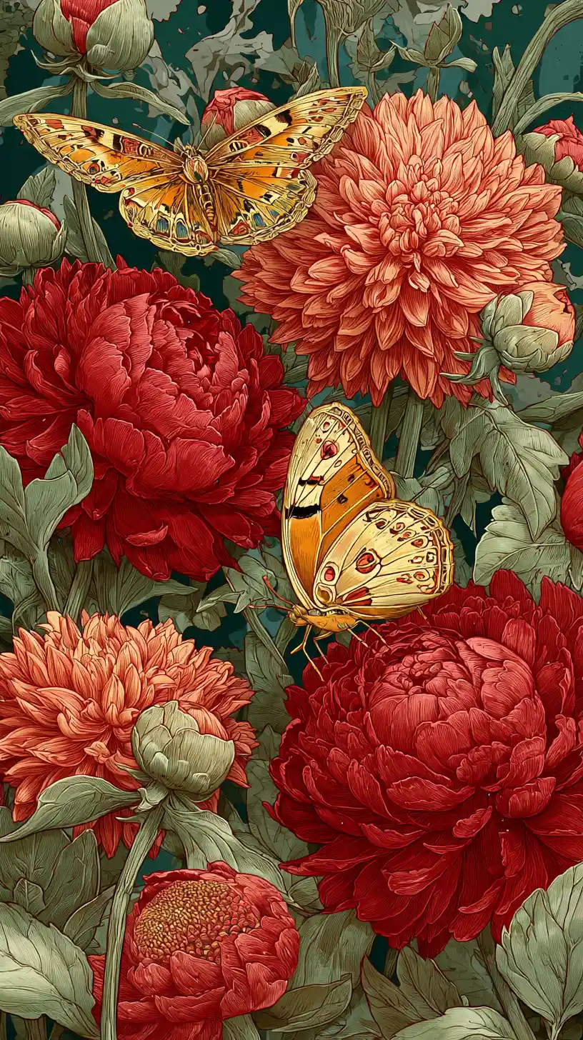 Digital garden illustration with giant red peonies and dahlias