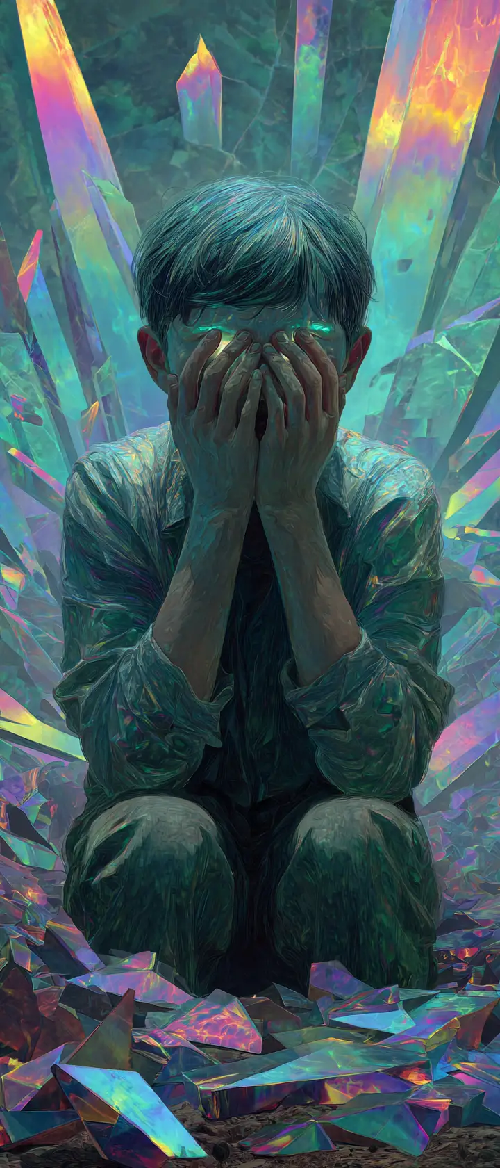 Boy holding a bright mirror shard amid shattered reflections
