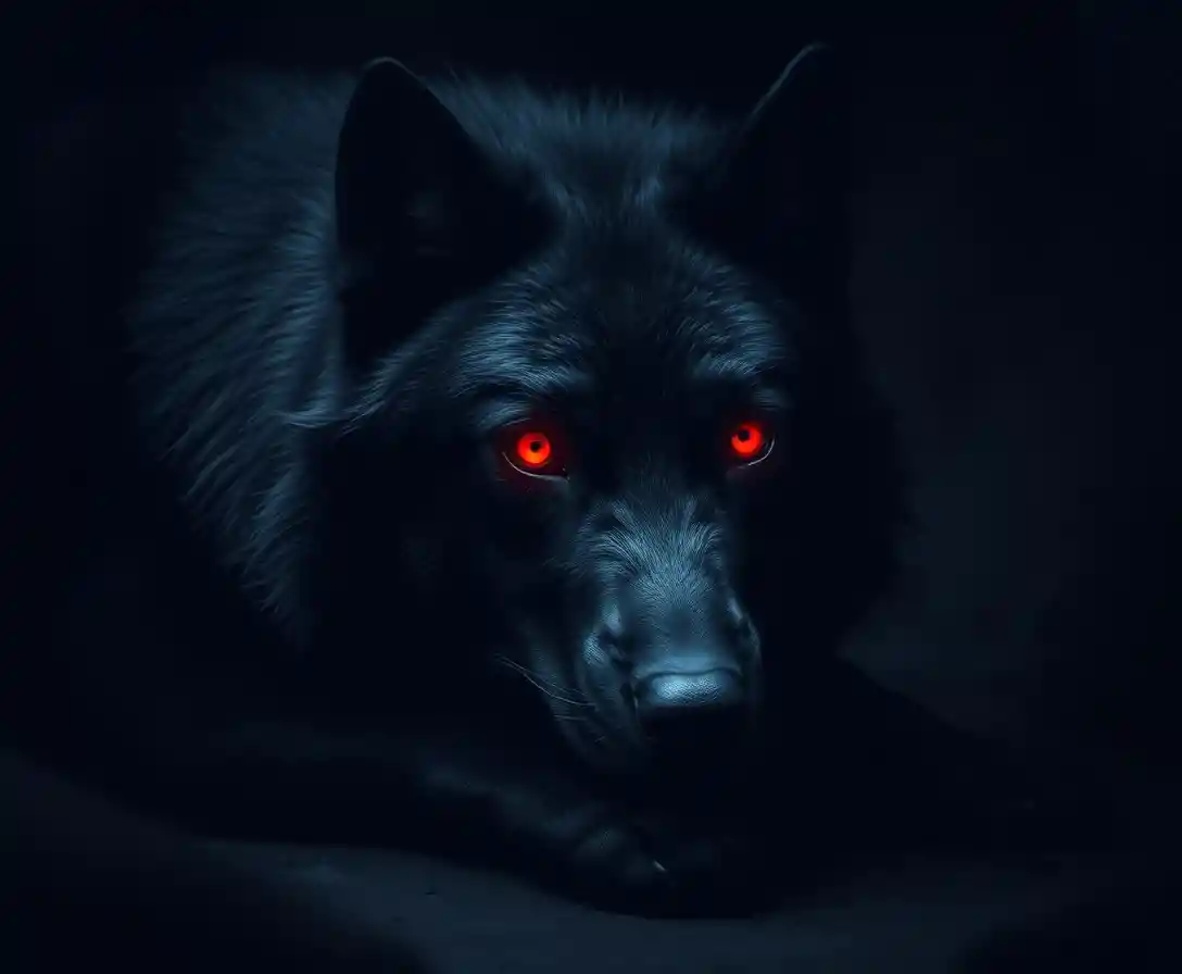 Giant Black Wolf With Glowing Red Eyes In Dark Cave