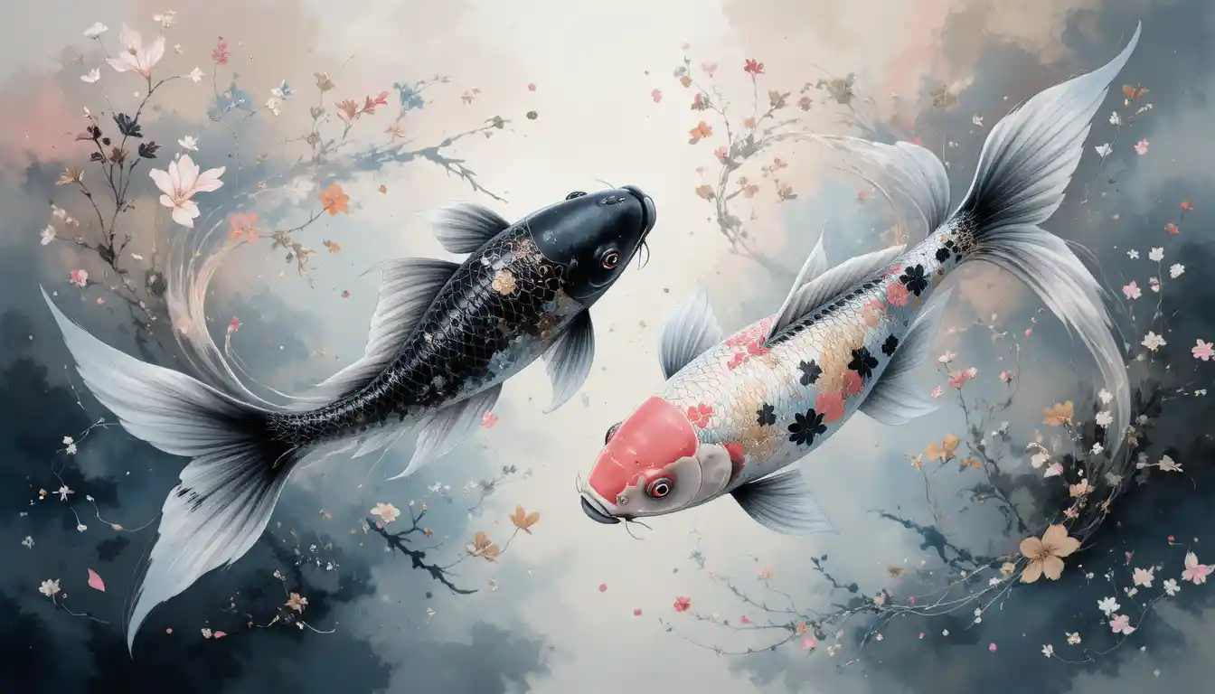 Two graceful koi fish in a tranquil aquatic dreamscape