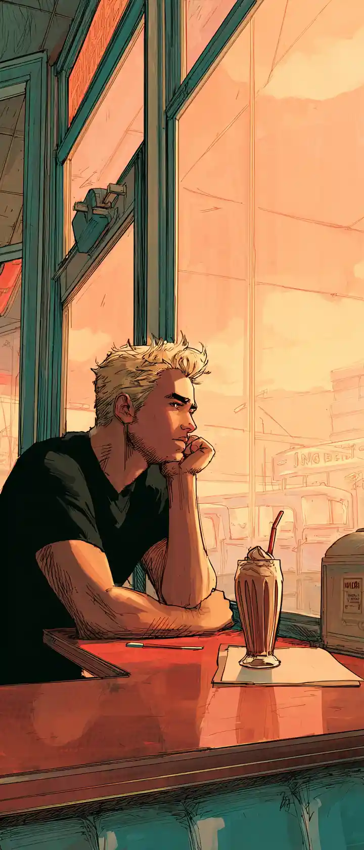 Jeune homme dans un diner rétro avec milkshake au comptoir