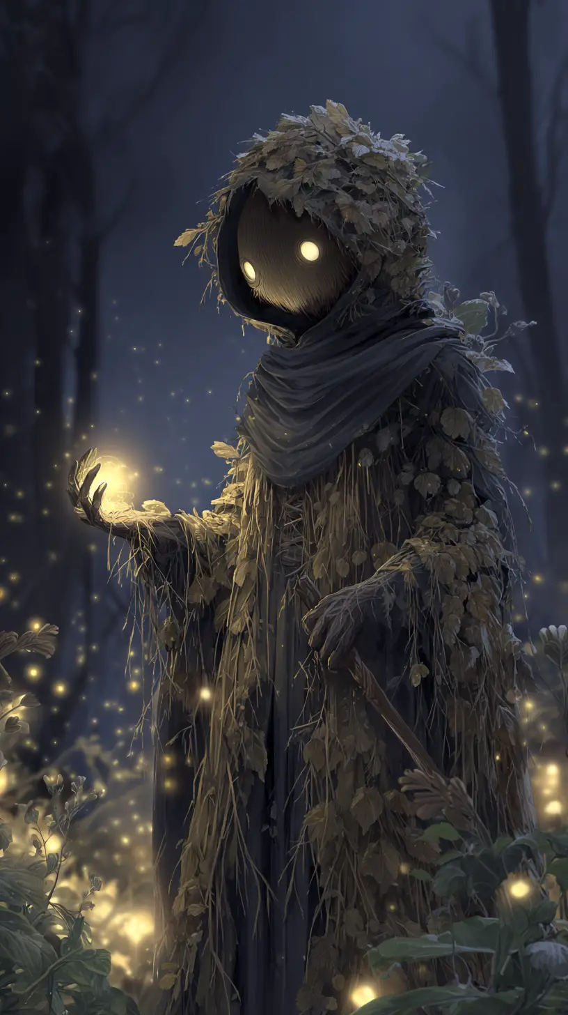 Forest spirit creature offering a glowing orb in darkness