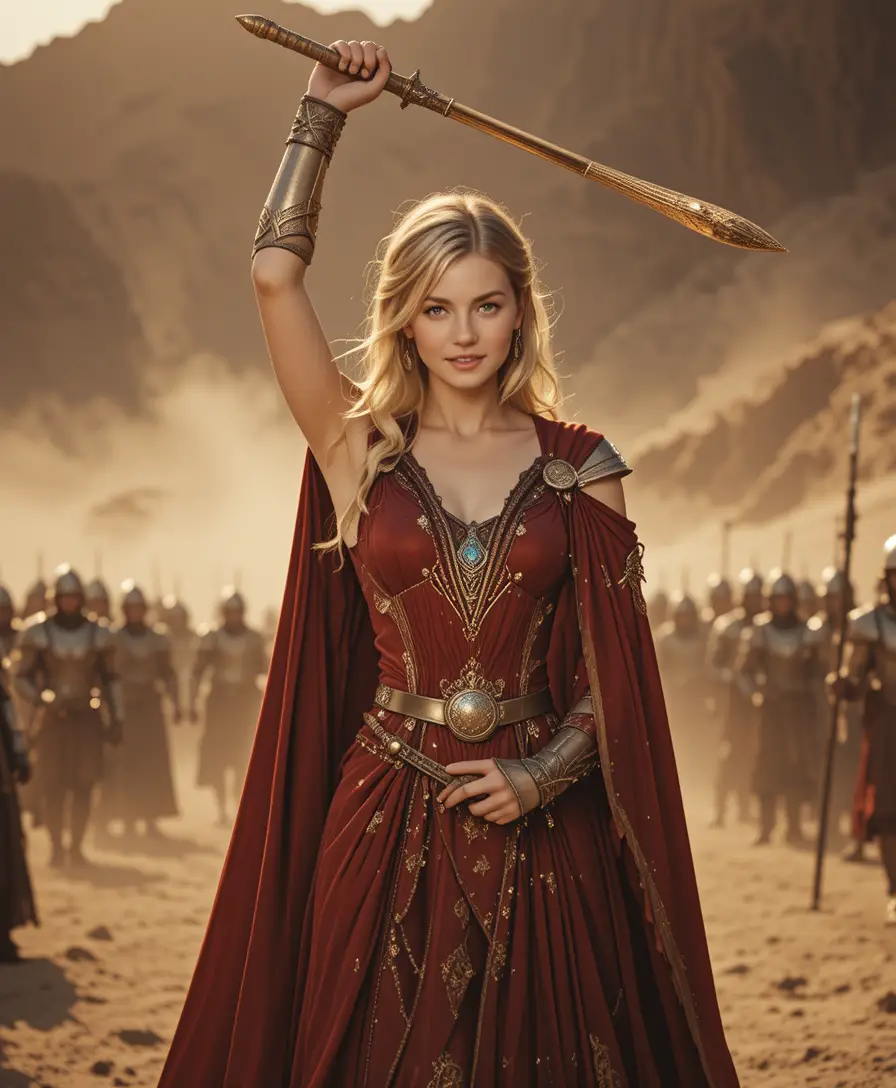 Warrior queen raising sword on desert battlefield at sunset