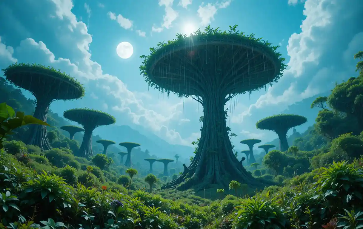 Lluvia ligera en un bosque alienígena de plantas gigantes